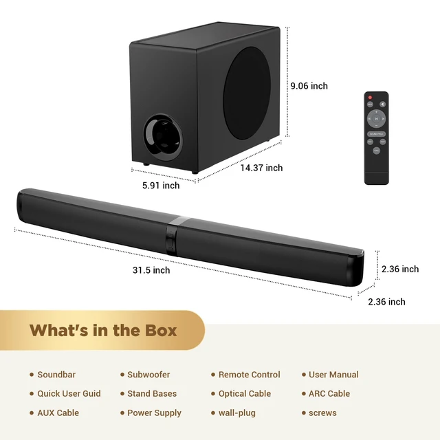 Alt view image 6 of 7 - MZEIBO Sound Bar with Subwoofer, 120W Peak 2.1 CH Detachable Soundbar for TV, 2-in-1 Home Theater Audio System with DSP, Bluetooth 5.3, HDMI ARC, Optical & AUX for Movies, Music & Gaming
