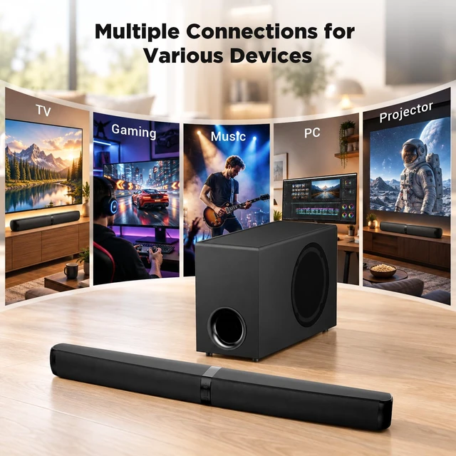 Alt view image 7 of 7 - MZEIBO Sound Bar with Subwoofer, 120W Peak 2.1 CH Detachable Soundbar for TV, 2-in-1 Home Theater Audio System with DSP, Bluetooth 5.3, HDMI ARC, Optical & AUX for Movies, Music & Gaming