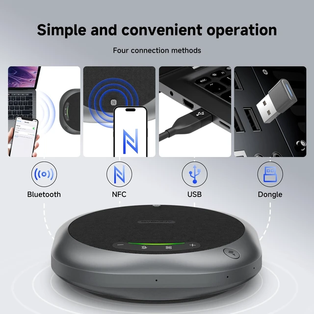 Alt view image 4 of 7 - Omni2P Conference Speaker compatible with Zoom 6Mics for 15-20 Participants | Dual 5W Loudspeaker, 3A Noise-Canceling, with Type-c and Dongle BT 5.3, plug and play, 360° Voice Pickup distance 13-20 ft