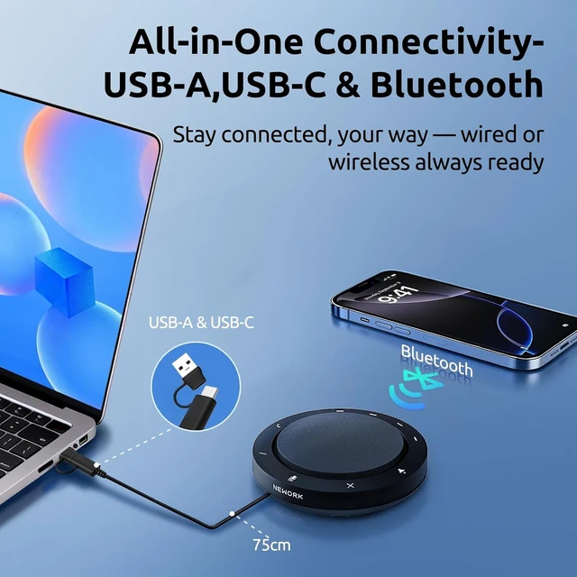 Alt view image 4 of 7 - Conference Speakerphone - 2 AI Noise Reduction Mics, 360° Voice Pickup | AI Noise Reduction, Bluetooth & USB-C/A Connection, 10-14H Playtime, Compatible with Zoom/Teams/Skype/Meet, Home & Office