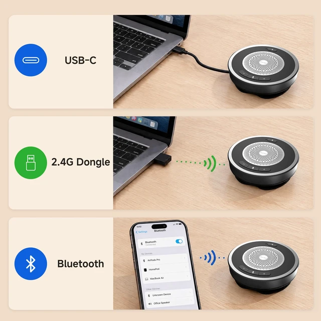 Alt view image 6 of 7 - HORION Wireless Conference Speakerphone, 4-Mic 360° Voice Pickup | Up to 16 ft Pickup, Noise Reduction, Echo Cancellation, Full-Duplex, 5W Speaker, Bluetooth 5.0, USB Dongle, 8H Battery