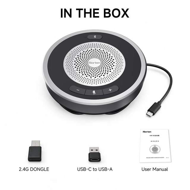 Alt view image 7 of 7 - HORION Wireless Conference Speakerphone, 4-Mic 360° Voice Pickup | Up to 16 ft Pickup, Noise Reduction, Echo Cancellation, Full-Duplex, 5W Speaker, Bluetooth 5.0, USB Dongle, 8H Battery