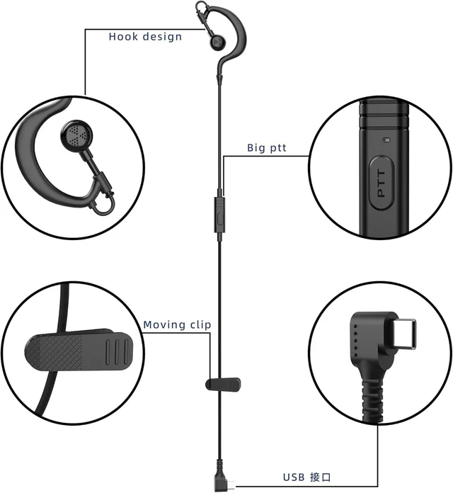 Alt view image 2 of 6 - KETELESE TypeC Earpiece, USB C Headset for T3 T4 Walkie Talkie | G-Shap, in ear, 6 Pack,Black