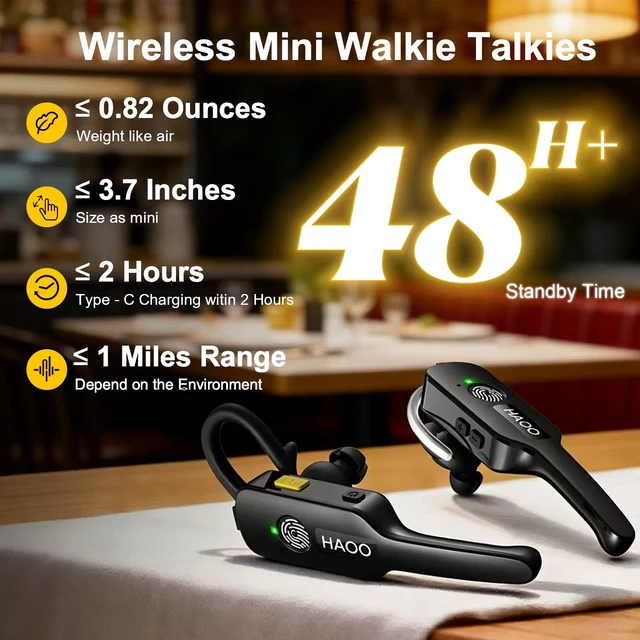 Alt view image 2 of 7 - Wireless Mini Walkie Talkies, ENC Noise Cancellation, Touch-to-Talk, 3 Pack | Wearable Two Way Radios with Ear-Hook for Short Range, Indoor, Restaurants, Retail Stores, Adults & Team Use