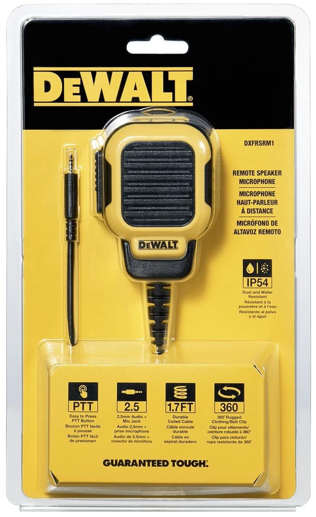 Alt view image 6 of 6 - DEWALT DXFRSRM1 Remote Speaker Mic for DXFRS300 and DXFRS800 | 2.5mm audio jack, push-to-talk, 360-degree swivel clip, clip-on lapel mic, warehouse and jobsite audio, Model DXFRSRM1