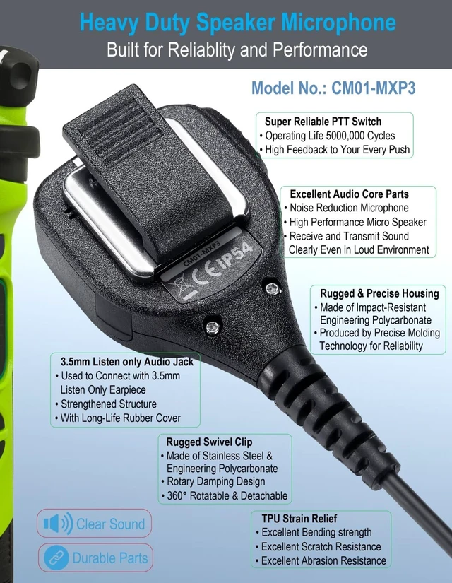 Alt view image 2 of 7 - commountain Speaker Mic for Motorola Radios R5, XPR 3500e, XPR 3300e | Shoulder Microphone with Clear Audio, Rugged & Reliable Build, Reinforced Cable, Swivel Clip