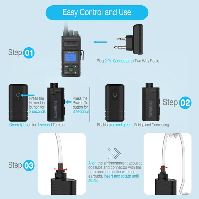 Alt view image 6 of 7 - SAMCOM BTEAR01 Wireless Earpiece with Clear Airtube Tube 2 Pin Dongle for Two-Way Radios, FPCN30A/FPCN10A Wireless Headset Earphone with Mic 2-Pin K Plug, Radio NOT Included