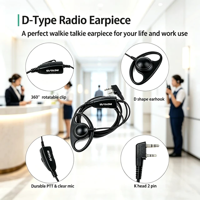 Alt view image 2 of 7 - Retevis Walkie Talkie Earpiece with Mic, 2 Pin, for H777/RT22/RT21/RT68 | D-Type, Compatible with Pxton, Baofeng BF-888S, Kenwood Walkie Talkies, Two Way Radio Earpiece with Mic, Retails(10 Pack)
