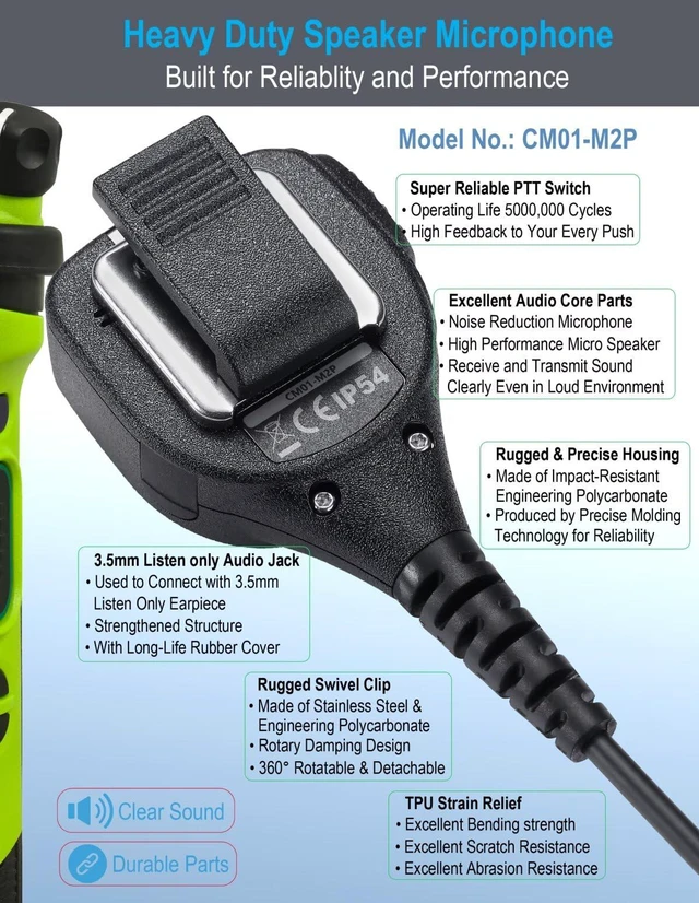 Alt view image 4 of 7 - commountain Speaker Mic for Motorola Radios R2, CP100D, CP200D, 2 Pack | Also Fits CP200 CP185 CLS1110 CLS1410 BPR50DX BPR40 RMU2040 2-Pin Walkie Talkie, Shoulder Microphone with Clear Audio