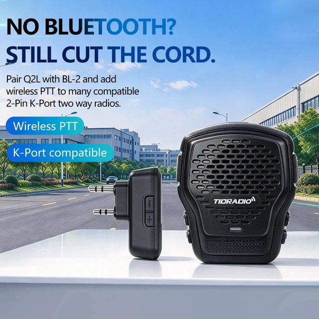 Alt view image 2 of 7 - Q2L Wireless Speaker Mic + BL-2 Programmer for 2-Pin-K-Port Radio | Make 2-pin K Port Walkie Talkies Wireless:Bluetooth PTT Speaker MIC,Magnetic Clip,IP67,USB-C,1200mAh Battery,APP Programming