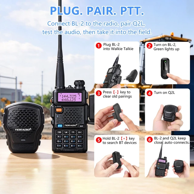 Alt view image 4 of 7 - Q2L Wireless Speaker Mic + BL-2 Programmer for 2-Pin-K-Port Radio | Make 2-pin K Port Walkie Talkies Wireless:Bluetooth PTT Speaker MIC,Magnetic Clip,IP67,USB-C,1200mAh Battery,APP Programming