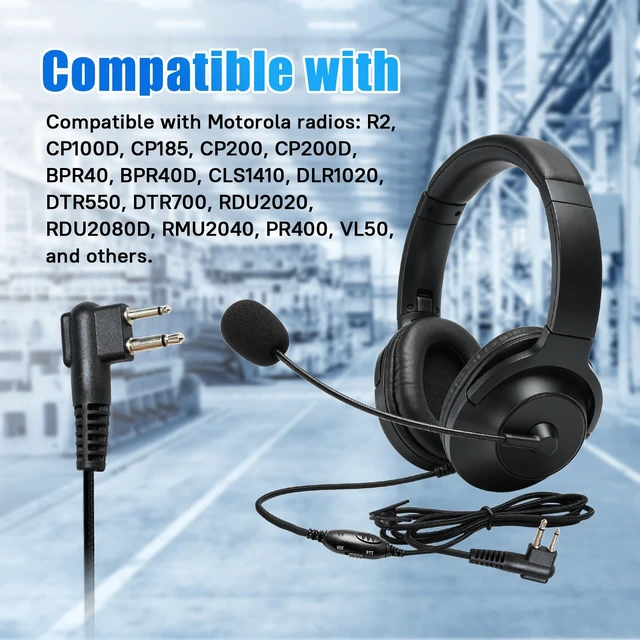 Alt view image 2 of 7 - Over The Head Headset Noise Reduction Canceling Radio Earmuffs,VOX Ptt Boom Mic Earpiece for Motorola 2 Pin Walkie Talkie CP200D CP100D R2 CP200 CP185 BPR40 CLS1410 CLS1110 RMU2040 RMU2080D