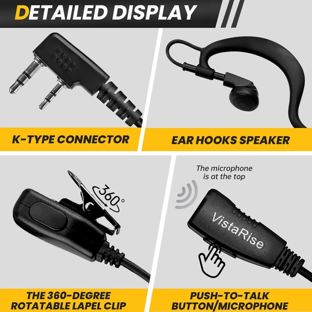 Alt view image 6 of 6 - VistaRise 10pcs Walkie Talkie Earpiece with Mic for Retevis Pxton Baofeng | K-Type 2-Pin, Ear Hooks Two-Way Radio Headset Compatible with Kenwood, Wouxun, SAMCOM Walkie Talkies