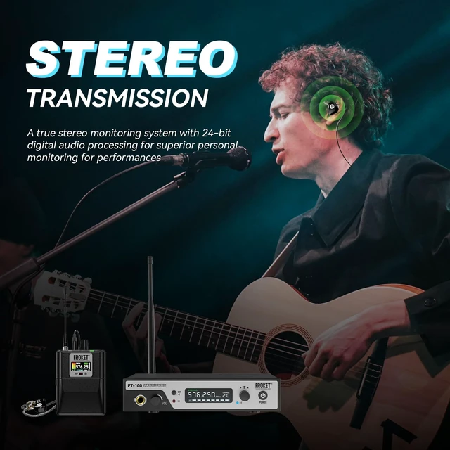 Alt view image 2 of 7 - Froket UHF Wireless in-Ear Monitor System, Stereo IEM BT 100Ch | UHF Wireless IEM, Stereo, 100Ch, Bluetooth5.0,7ms Latency,80m,24bit Hi-Fi,Auto Scan