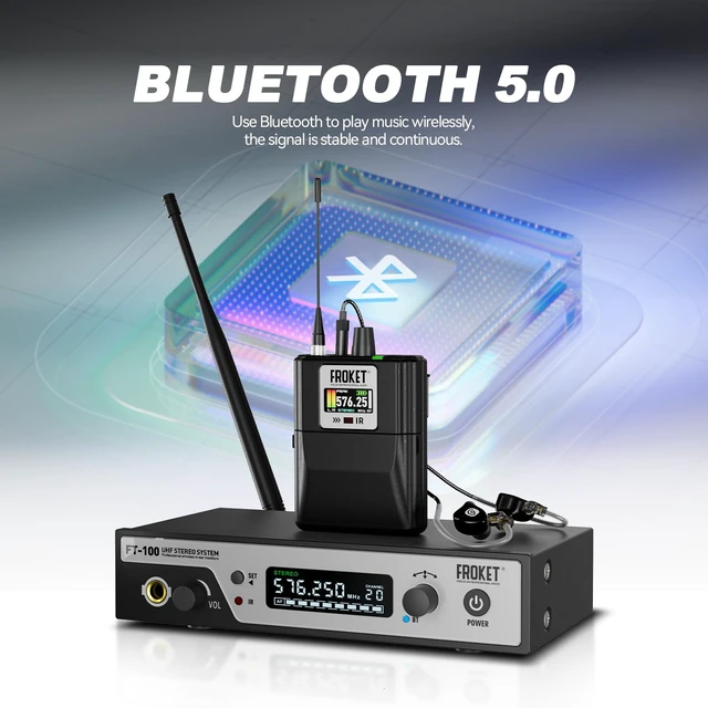 Alt view image 3 of 7 - Froket UHF Wireless in-Ear Monitor System, Stereo IEM BT 100Ch | UHF Wireless IEM, Stereo, 100Ch, Bluetooth5.0,7ms Latency,80m,24bit Hi-Fi,Auto Scan