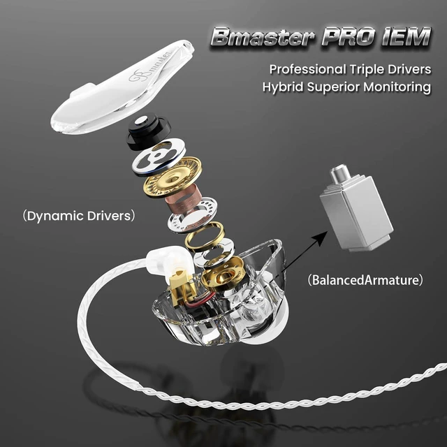 Alt view image 2 of 7 - Bmaster in Ear Monitor Headphone, 2DD+1BA Triple Drivers Musician IEM | Noise-Isolating IEM Earbud with Deep Bass for Drummer Audio Monitoring,Two MMCX Cables,Custom Fit for Stage Use(White/Black)