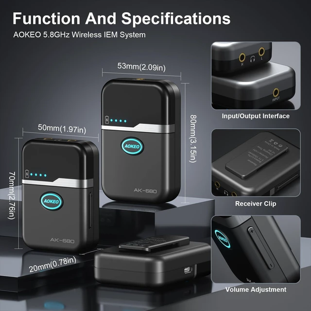 Alt view image 4 of 7 - AOKEO AK-680 Wireless In Ear Monitor System,5.8G Professional Stereo IEM Monitoring with Transmitter & Bodypack Receiver,Ultra Low Latency Auto Sync Pairing for Live Stage,Band,Singer,Studio Recording