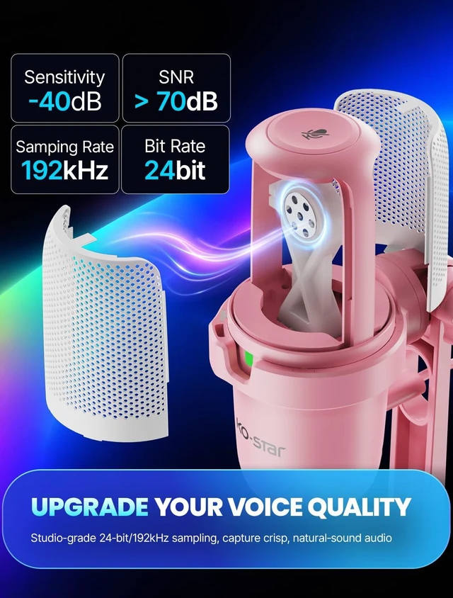 Alt view image 3 of 7 - KO-STAR USB Condenser Microphone, Gaming Mic for PC/PS5 Podcast Streaming | Pink, RGB, Plug & Play, Noise Reduction, Pop Filter, Quick Mute, Shock Mount, for PC/PS5 Discord Twitch ASMR YouTube Record
