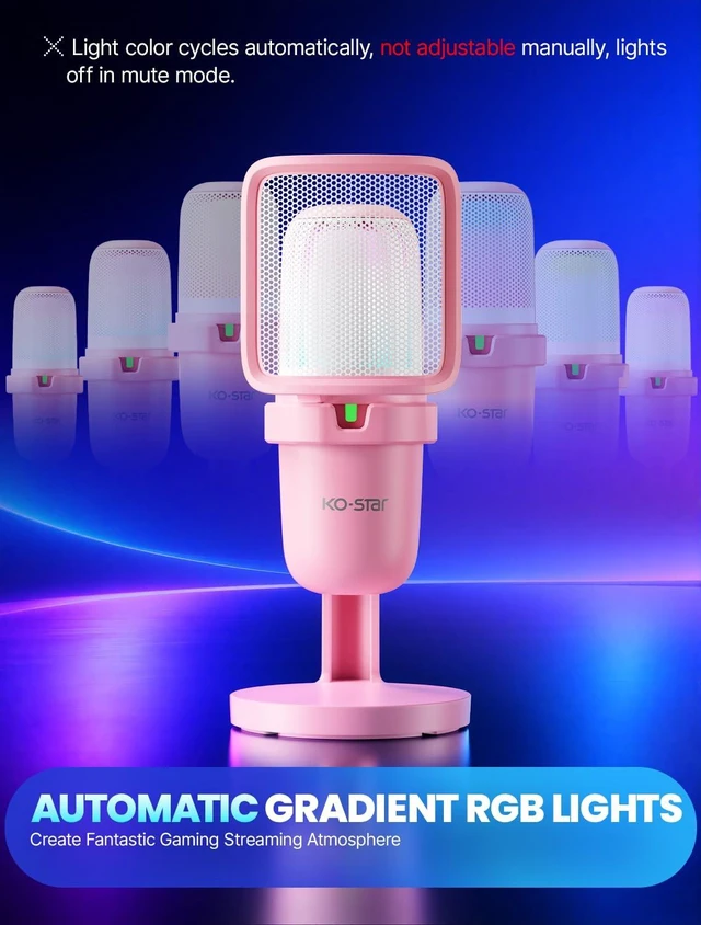Alt view image 4 of 7 - KO-STAR USB Condenser Microphone, Gaming Mic for PC/PS5 Podcast Streaming | Pink, RGB, Plug & Play, Noise Reduction, Pop Filter, Quick Mute, Shock Mount, for PC/PS5 Discord Twitch ASMR YouTube Record