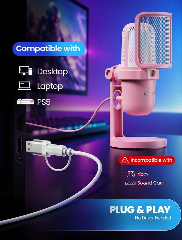 Alt view image 6 of 7 - KO-STAR USB Condenser Microphone, Gaming Mic for PC/PS5 Podcast Streaming | Pink, RGB, Plug & Play, Noise Reduction, Pop Filter, Quick Mute, Shock Mount, for PC/PS5 Discord Twitch ASMR YouTube Record
