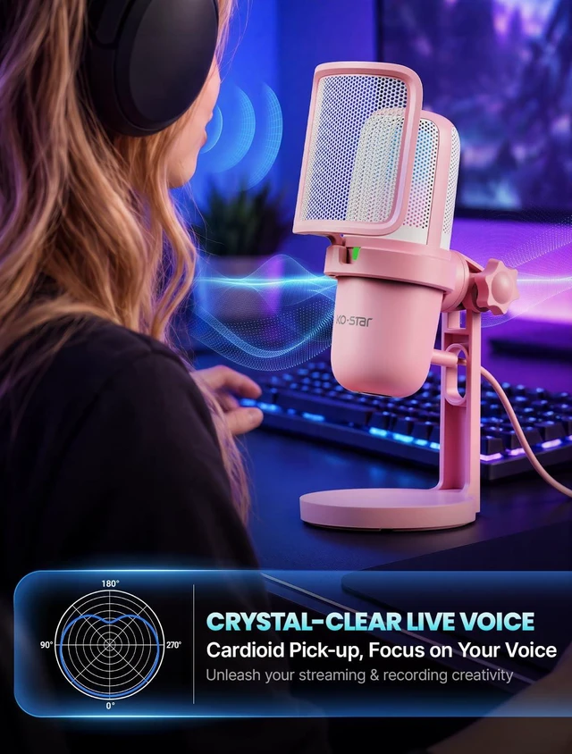 Alt view image 7 of 7 - KO-STAR USB Condenser Microphone, Gaming Mic for PC/PS5 Podcast Streaming | Pink, RGB, Plug & Play, Noise Reduction, Pop Filter, Quick Mute, Shock Mount, for PC/PS5 Discord Twitch ASMR YouTube Record