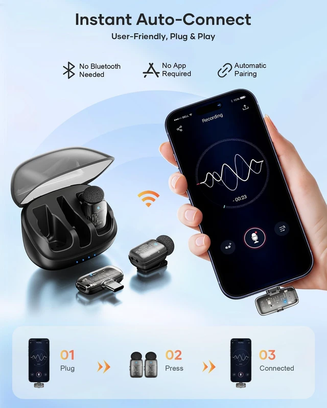 Alt view image 2 of 7 - KUKIHO Mini 2 Wireless Lavalier Microphones for iPhone 15/16/17 & Android, 3-Level Noise Reduction, Plug & Play, 36H Battery with Charging Case, Wireless Lapel Mic for Video Recording, Vlogging