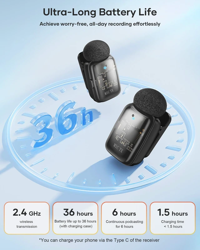 Alt view image 6 of 7 - KUKIHO Mini 2 Wireless Lavalier Microphones for iPhone 15/16/17 & Android, 3-Level Noise Reduction, Plug & Play, 36H Battery with Charging Case, Wireless Lapel Mic for Video Recording, Vlogging
