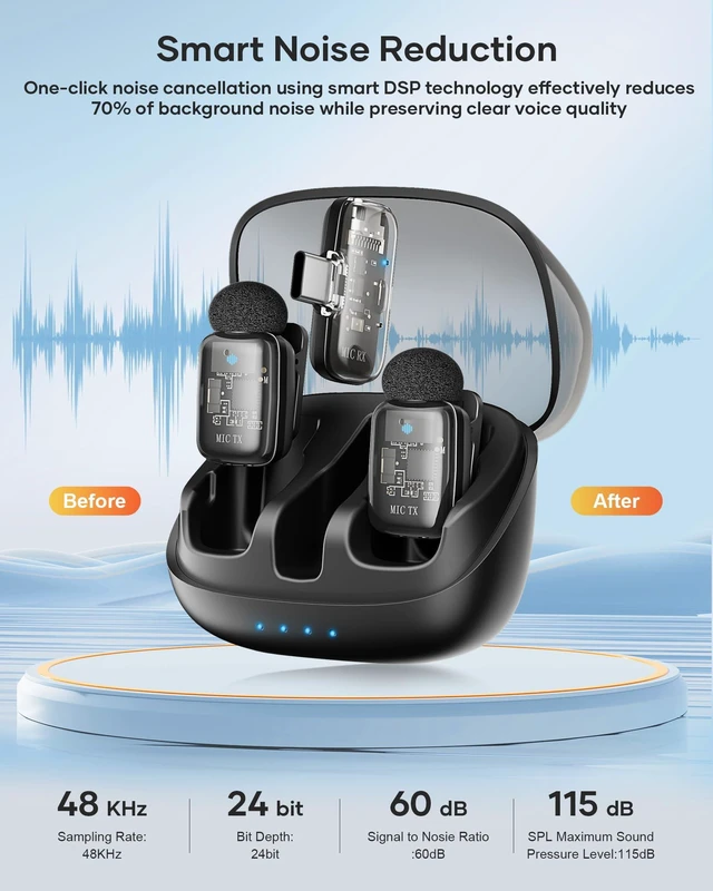 Alt view image 7 of 7 - KUKIHO Mini 2 Wireless Lavalier Microphones for iPhone 15/16/17 & Android, 3-Level Noise Reduction, Plug & Play, 36H Battery with Charging Case, Wireless Lapel Mic for Video Recording, Vlogging