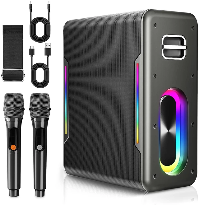 Main image of Portable Karaoke Machine, with 2 Wireless Microphones & LED Party Lights | Bluetooth Karaoke Speaker for Adults Kids, Autotune DSP Chip Supports TWS TF Card USB AUX in, Birthday Gifts for Home Party