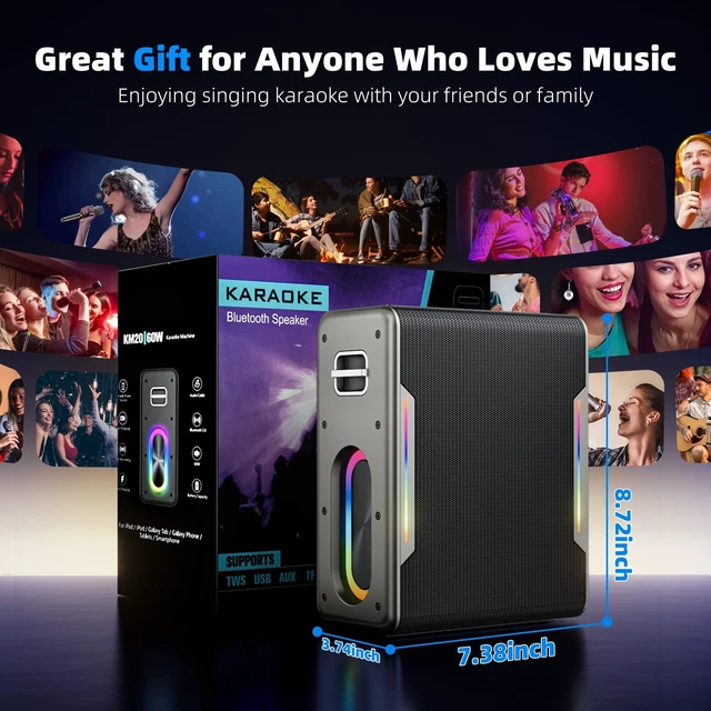 Alt view image 7 of 7 - Portable Karaoke Machine, with 2 Wireless Microphones & LED Party Lights | Bluetooth Karaoke Speaker for Adults Kids, Autotune DSP Chip Supports TWS TF Card USB AUX in, Birthday Gifts for Home Party