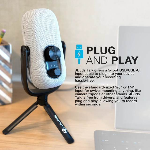 Alt view image 5 of 5 - JLab JBuds Talk USB-C Microphone with Cardioid, Omni, Stereo, bi-Directional Modes, gain and Mute Controls, 3.5mm aux, White