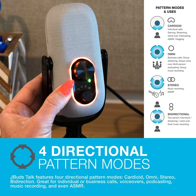 Alt view image 3 of 5 - JLab JBuds Talk USB-C Microphone with Cardioid, Omni, Stereo, bi-Directional Modes, gain and Mute Controls, 3.5mm aux, White
