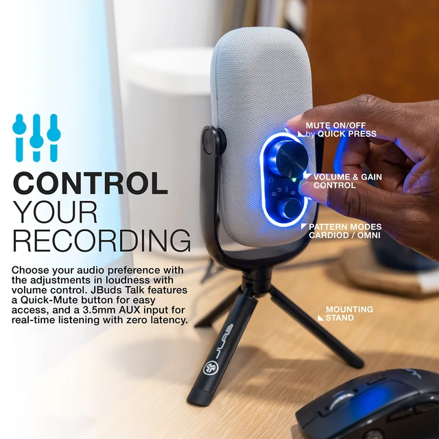 Alt view image 4 of 5 - JLab JBuds Talk USB-C Microphone with Cardioid, Omni, Stereo, bi-Directional Modes, gain and Mute Controls, 3.5mm aux, White