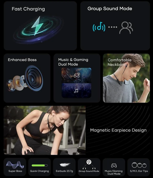 Alt view image 2 of 7 - WAVEFUN Neckband Bluetooth Headphones, Flex Pro Wireless Earbuds Deep Bass in-Ear Wireless Headphones Neckband with Gaming Mode,Clean Calls,Quick Charging 12Hours Playtime,Group Sound Mode