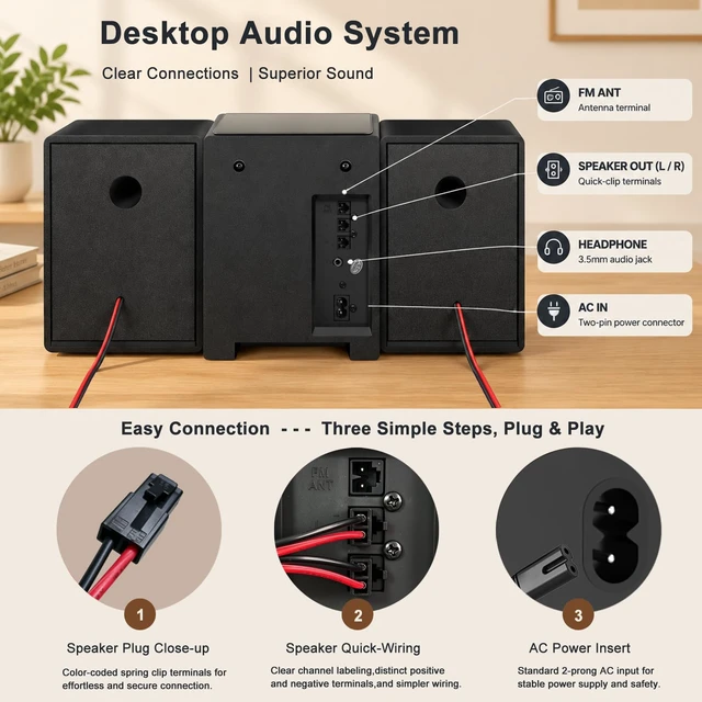 Alt view image 6 of 7 - Compact Stereo System with CD Player for Home, 30W Crisp-Sound Speakers | LP886 Shelf Stereo System with Bluetooth, FM Radio, Auxin, USBin, Earphone Jack, DSPTech, Remote