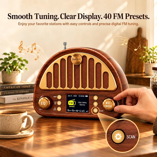 Alt view image 2 of 7 - FM Radio with Bluetooth, NOAA Weather Alert, 40 Presets, 3000mAh | Rechargeable Battery, MicroSD Playback, 8W Speaker, Retro Style, Dual Alarms, Sleep Timer, Digital Clock Radio for Home Table