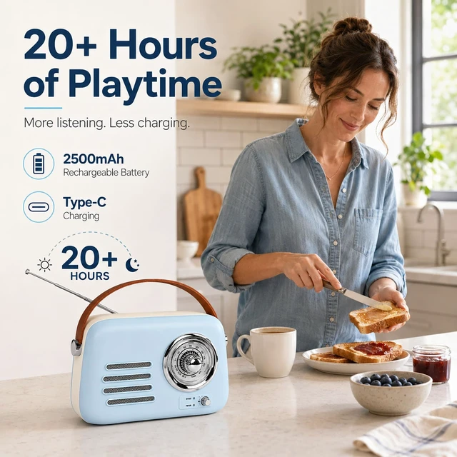 Alt view image 2 of 7 - adoobox Vintage FM Radio with Bluetooth Speaker,20+ hours Playtime,Blue | Rechargeable Retro Bluetooth Speaker with Soft Handle,Support AUX/USB for Home,Office,Bedroom,Kitchen Gift