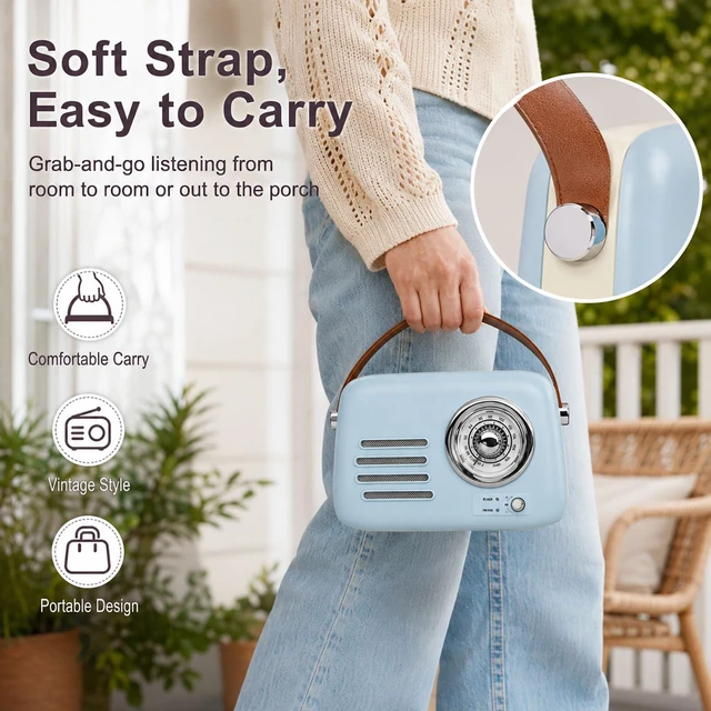 Alt view image 5 of 7 - adoobox Vintage FM Radio with Bluetooth Speaker,20+ hours Playtime,Blue | Rechargeable Retro Bluetooth Speaker with Soft Handle,Support AUX/USB for Home,Office,Bedroom,Kitchen Gift
