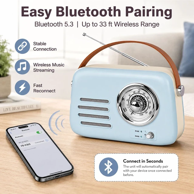 Alt view image 3 of 7 - adoobox Vintage FM Radio with Bluetooth Speaker,20+ hours Playtime,Blue | Rechargeable Retro Bluetooth Speaker with Soft Handle,Support AUX/USB for Home,Office,Bedroom,Kitchen Gift