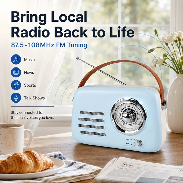 Alt view image 4 of 7 - adoobox Vintage FM Radio with Bluetooth Speaker,20+ hours Playtime,Blue | Rechargeable Retro Bluetooth Speaker with Soft Handle,Support AUX/USB for Home,Office,Bedroom,Kitchen Gift