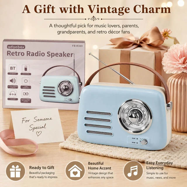Alt view image 7 of 7 - adoobox Vintage FM Radio with Bluetooth Speaker,20+ hours Playtime,Blue | Rechargeable Retro Bluetooth Speaker with Soft Handle,Support AUX/USB for Home,Office,Bedroom,Kitchen Gift