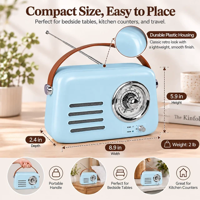 Alt view image 6 of 7 - adoobox Vintage FM Radio with Bluetooth Speaker,20+ hours Playtime,Blue | Rechargeable Retro Bluetooth Speaker with Soft Handle,Support AUX/USB for Home,Office,Bedroom,Kitchen Gift