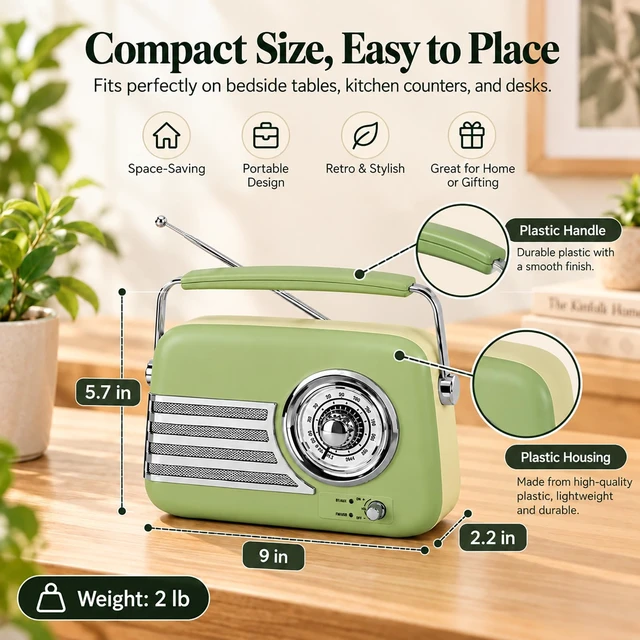 Alt view image 6 of 7 - adoobox Vintage FM Bluetooth Radio Speaker,20+ Hours Playtime,Grass Green | Rechargeable Retro Radio Bluetooth Speaker,Vintage Radio with Handle,AUX/USB for Living Room, Bedroom,Office
