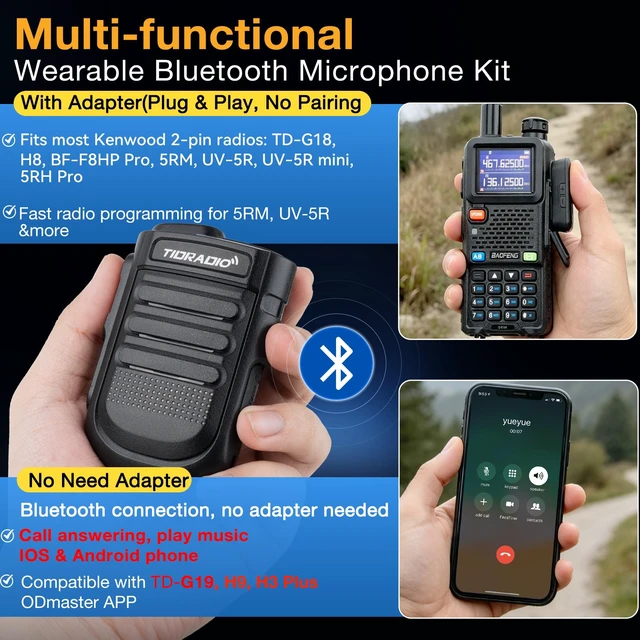 Alt view image 2 of 7 - TIDRADIO Wearable Bluetooth PTT Speaker MIC for 2-Pin-K Ham GMRS Radio, Clip-On Design, 1500mAh, Hands-Free Phone Music & Calls, Walkie Talkies Mic for BAOFENG Radio 5RM, TD-H9 for Jobsite, Camping