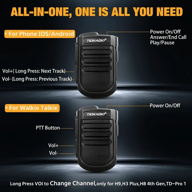 Alt view image 3 of 7 - TIDRADIO Wearable Bluetooth PTT Speaker MIC for 2-Pin-K Ham GMRS Radio, Clip-On Design, 1500mAh, Hands-Free Phone Music & Calls, Walkie Talkies Mic for BAOFENG Radio 5RM, TD-H9 for Jobsite, Camping