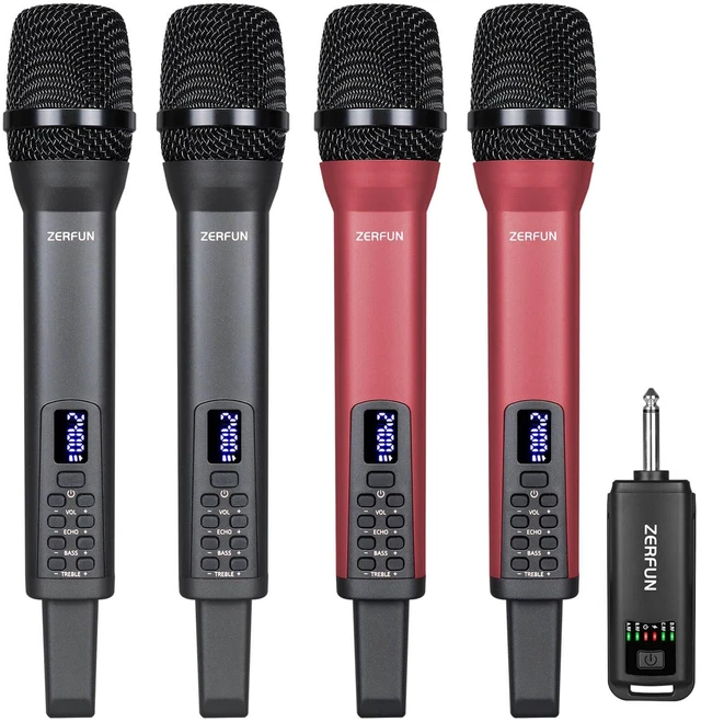 Main image of ZERFUN Rechargeable Wireless Microphones 4 Pack, D240, Grey&Red | Pro Handheld Cordless Mics System Dynamic with ECHO Treble BASS VOL Control for Karaoke Singing Church Party, 1/4'' Output