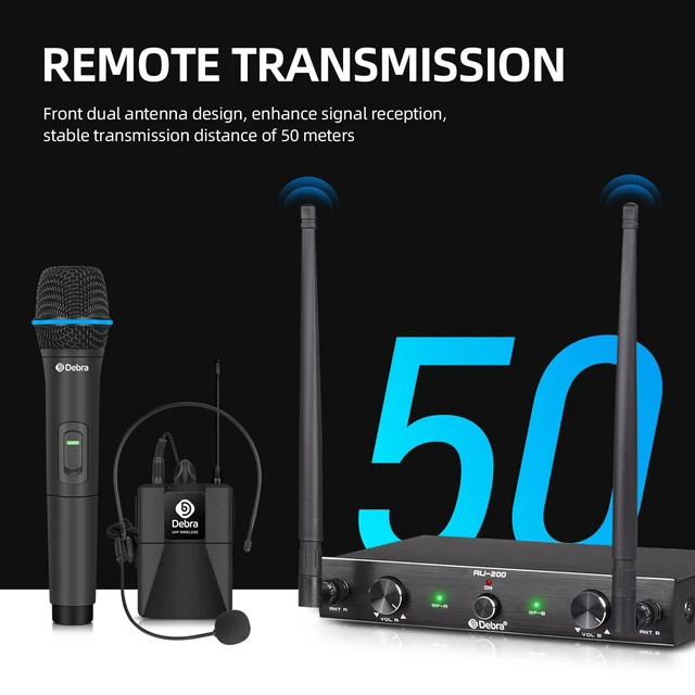 Alt view image 4 of 7 - D Debra Audio AU200 Pro UHF 2 Channel Wireless Microphone System with Cordless Handheld Lavalier Headset Mics, Metal Receiver, for Karaoke Church Party (2 Handheld)