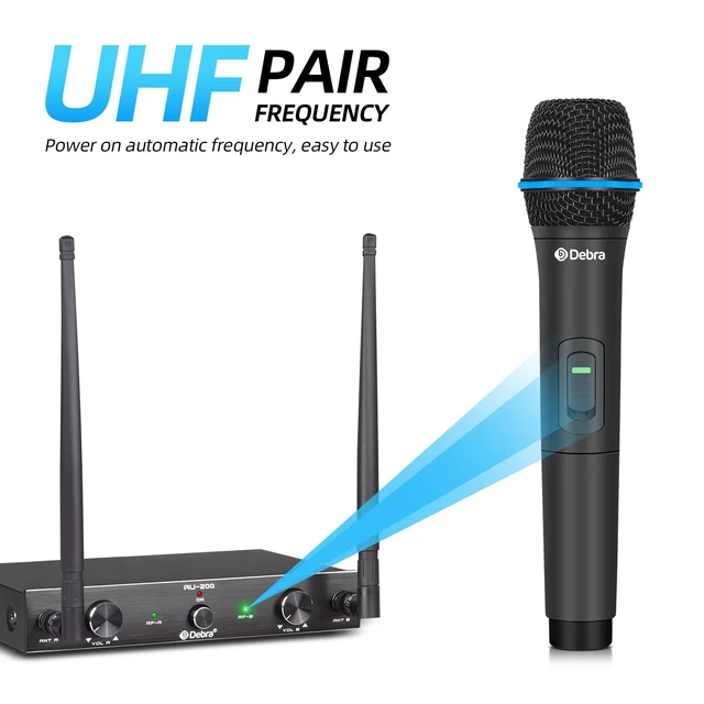 Alt view image 3 of 7 - D Debra Audio AU200 Pro UHF 2 Channel Wireless Microphone System with Cordless Handheld Lavalier Headset Mics, Metal Receiver, for Karaoke Church Party (2 Handheld)