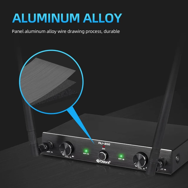Alt view image 2 of 7 - D Debra Audio AU200 Pro UHF 2 Channel Wireless Microphone System with Cordless Handheld Lavalier Headset Mics, Metal Receiver, for Karaoke Church Party (2 Handheld)