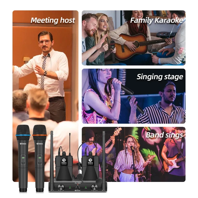Alt view image 7 of 7 - D Debra Audio AU200 Pro UHF 2 Channel Wireless Microphone System with Cordless Handheld Lavalier Headset Mics, Metal Receiver, for Karaoke Church Party (2 Handheld)